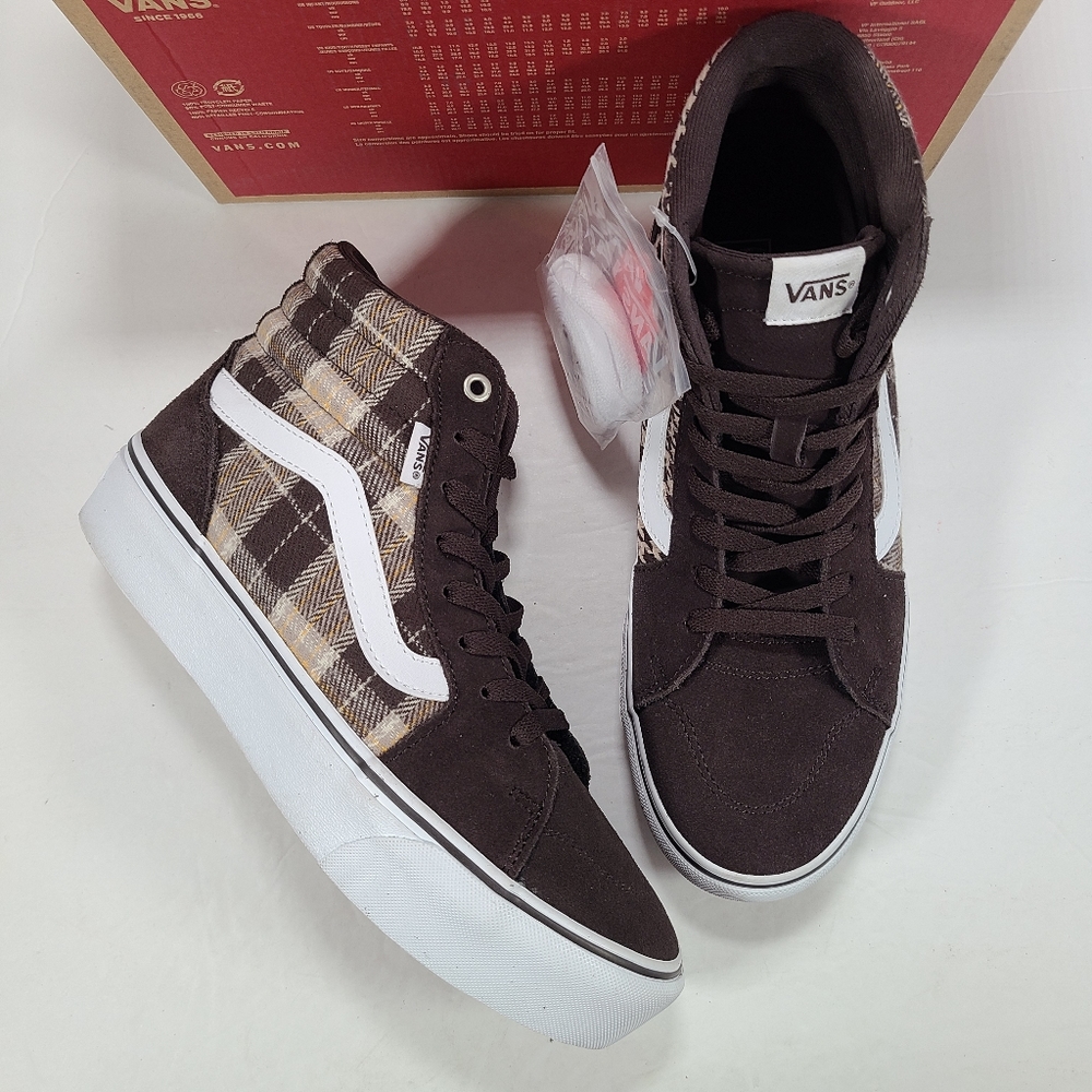Vans Filmore Hi Platform Plaid Mix Brown White High Top Sneakers Women Size 10